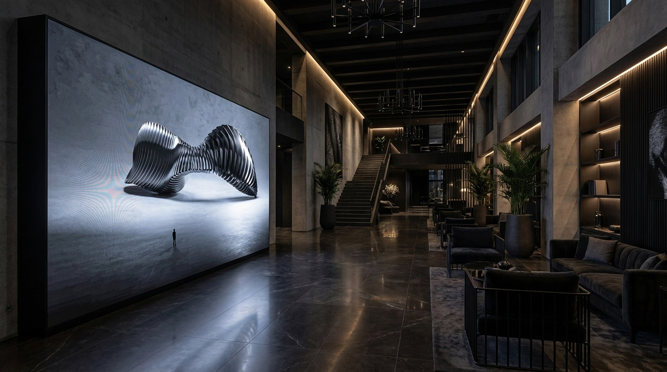 Home living room setup utilizing digital art to increase foot traffic and income by improving user experience in airbnb spaces